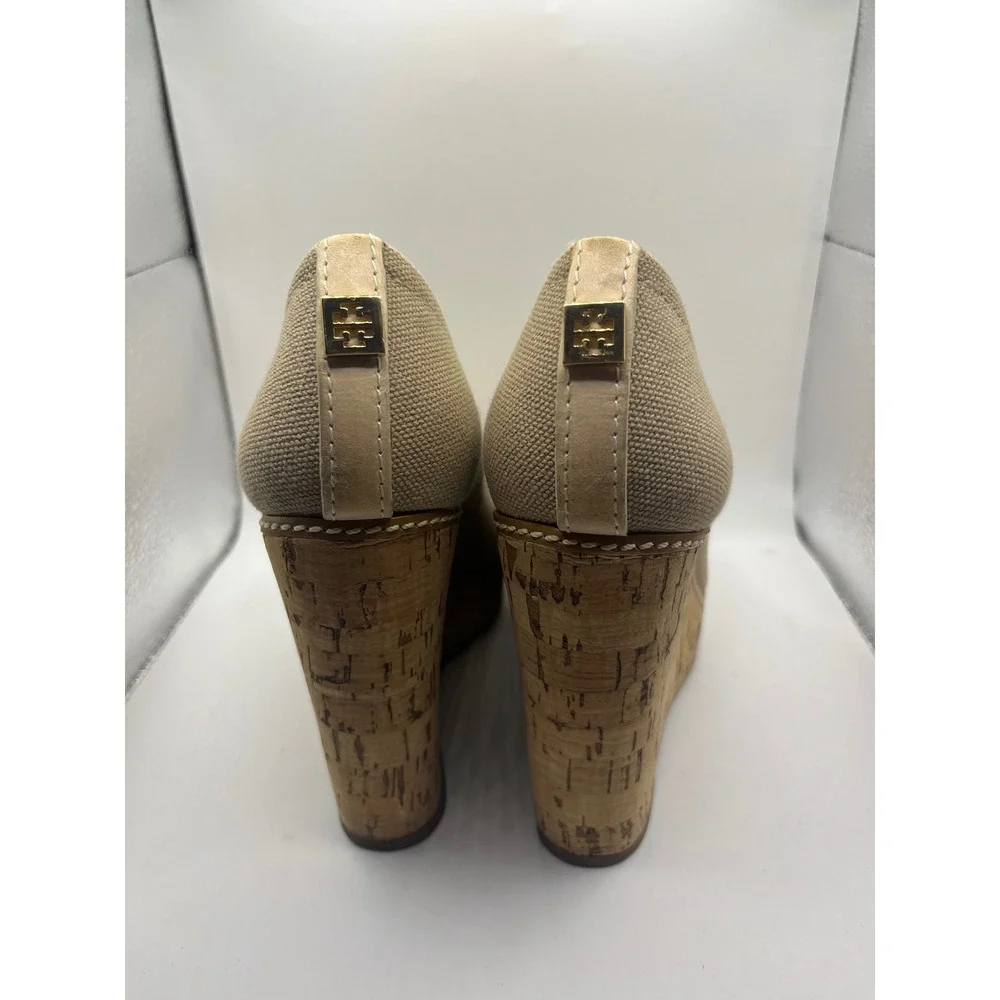Tory Burch Canvas Leather Wedge‎ Heels Espadrille Cork Platform Shoes 8M